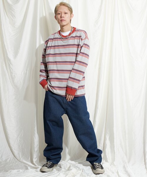 NO NEED（ノーニード）の「マルチボーダー天竺リンガーロンＴ（Tシャツ/カットソー・メンズ・ホワイト/イエロー/グレー・M/L）」の5枚目の写真