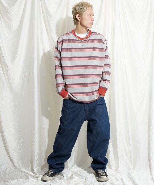 NO NEED（ノーニード）の「マルチボーダー天竺リンガーロンＴ（Tシャツ/カットソー・メンズ・ホワイト/イエロー/グレー・M/L）」の6枚目の写真