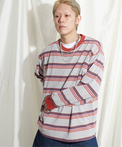 NO NEED（ノーニード）の「マルチボーダー天竺リンガーロンＴ（Tシャツ/カットソー・メンズ・ホワイト/イエロー/グレー・M/L）」の8枚目の写真