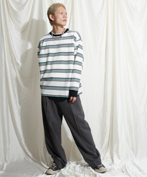 NO NEED（ノーニード）の「マルチボーダー天竺リンガーロンＴ（Tシャツ/カットソー・メンズ・ホワイト/イエロー/グレー・M/L）」の15枚目の写真