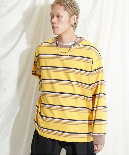 NO NEED（ノーニード）の「マルチボーダー天竺リンガーロンＴ（Tシャツ/カットソー・メンズ・ホワイト/イエロー/グレー・M/L）」の21枚目の写真