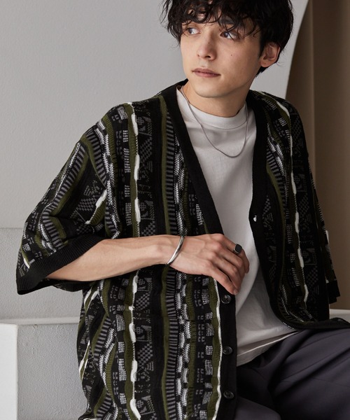 MONO-MART（モノマート）の「ボリュームニットルーズ半袖カーディガン（カーディガン/ボレロ・メンズ・チャコール/ベージュ/ネイビー/ブラック系1/ホワイト系2/ライトブルー/ブラック/オリーブ/アイボリー/ブラック系2/ブラック系3/ライトグレー/ライトブラウン/ブルー/ホワイト系3/ホワイト系4/ブラック系4/グレー系・M/L/S）」の8枚目の写真