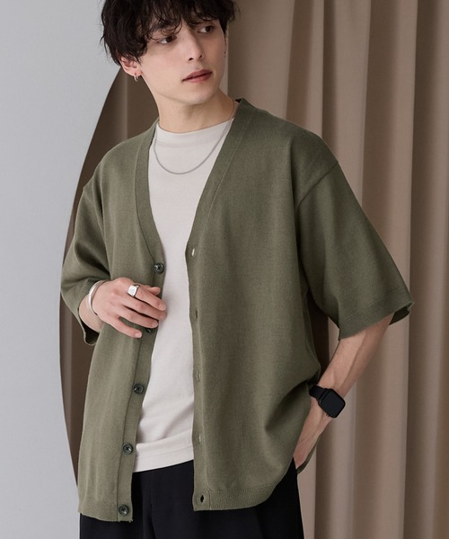 MONO-MART（モノマート）の「ボリュームニットルーズ半袖カーディガン（カーディガン/ボレロ・メンズ・チャコール/ベージュ/ネイビー/ブラック系1/ホワイト系2/ライトブルー/ブラック/オリーブ/アイボリー/ブラック系2/ブラック系3/ライトグレー/ライトブラウン/ブルー/ホワイト系3/ホワイト系4/ブラック系4/グレー系・M/L/S）」の13枚目の写真