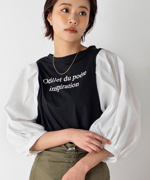 MILLION CARATS(ミリオンカラッツ)の「コンシャスフォルムが魅力の袖ブロードプリントT(Tシャツ/カットソー・レディース・オフホワイト/ブラック/ベージュ・FREE)」の1枚目の写真