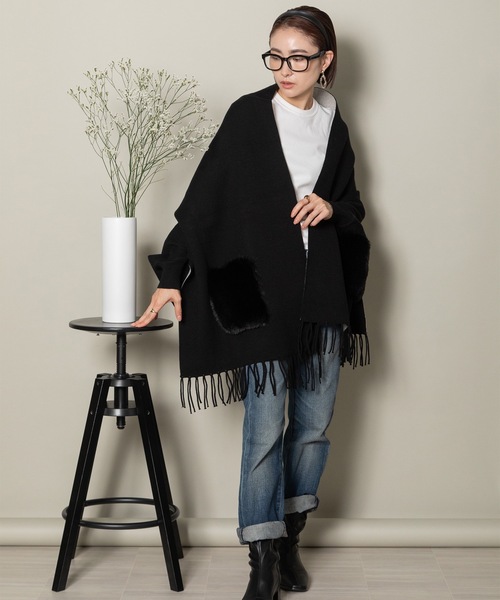 drawer ニットコート　カーディガン　アウター　ファー付きポケット ポンチョ drawer ニットコートカーディガンアウターファー付きポケット