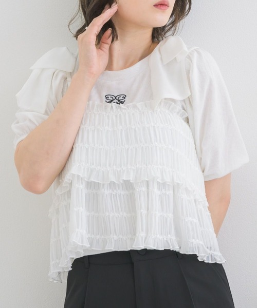【セットアイテム】ビスチェ付BIG襟シャツ callautia ビスチェsetストライプショートシャツ[品番