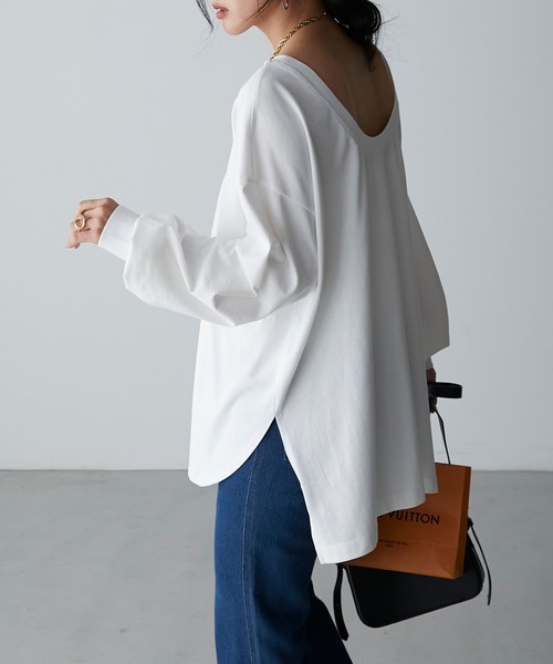 Anss.me(アンスミー)の「【Anss.me】シルケットラウンドスリットバックオープンロングTシャツ(Tシャツ/カットソー・レディース・オフホワイト/グレイッシュブルー/チャコールグレー/ブラック・FREE)」の6枚目の写真