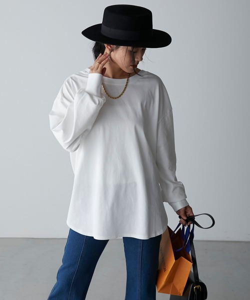 Anss.me(アンスミー)の「【Anss.me】シルケットラウンドスリットバックオープンロングTシャツ(Tシャツ/カットソー・レディース・オフホワイト/グレイッシュブルー/チャコールグレー/ブラック・FREE)」の10枚目の写真