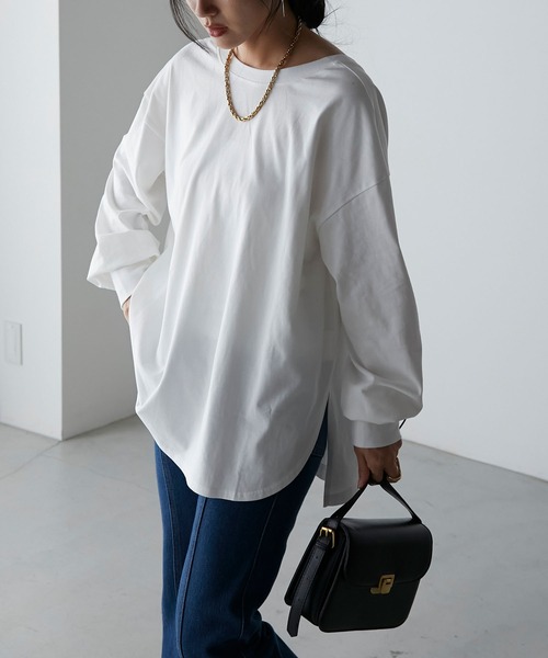 Anss.me(アンスミー)の「【Anss.me】シルケットラウンドスリットバックオープンロングTシャツ(Tシャツ/カットソー・レディース・オフホワイト/グレイッシュブルー/チャコールグレー/ブラック・FREE)」の8枚目の写真