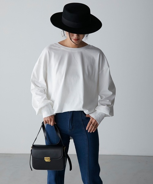 Anss.me(アンスミー)の「【Anss.me】シルケットラウンドスリットバックオープンロングTシャツ(Tシャツ/カットソー・レディース・オフホワイト/グレイッシュブルー/チャコールグレー/ブラック・FREE)」の12枚目の写真