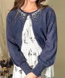 パールビジューネックシャギーカーディガン