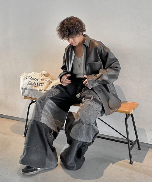 PICSAS（ピクサス）の「【PICSAS】フェイクレザーオーバーサイズシャツ（シャツ/ブラウス・メンズ・ブラック/ダークブラウン・M/L）」の15枚目の写真