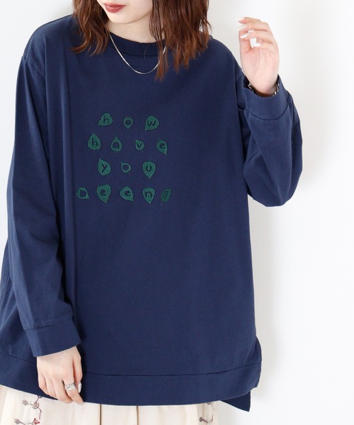 tシャツ EMAGO 葉っぱロゴ刺繍チュニック レディース EMAGO 葉っぱﾛｺﾞ刺繍ﾁｭﾆｯｸ（Tシャツ/カットソー）｜Emago