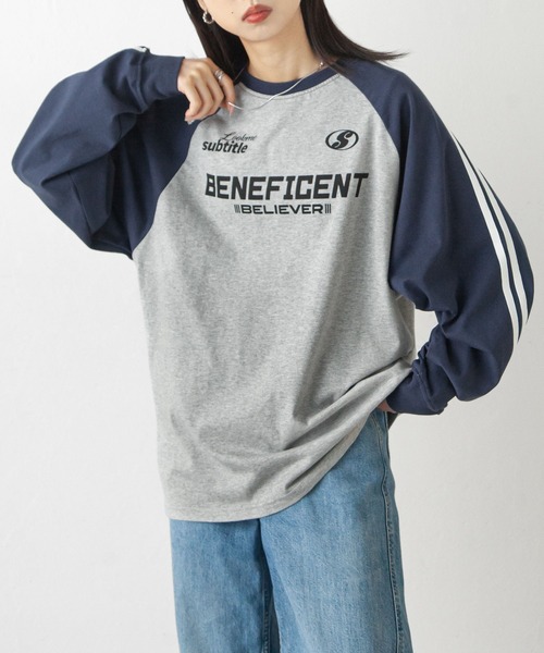 Chillfar(チルファー)の「ラインラグランゲームロンT(Tシャツ/カットソー・レディース・アイボリー系/杢グレー/ブラック/ホワイト×ブラック/ホワイト/オートミール/ネイビー・FREE)」の4枚目の写真
