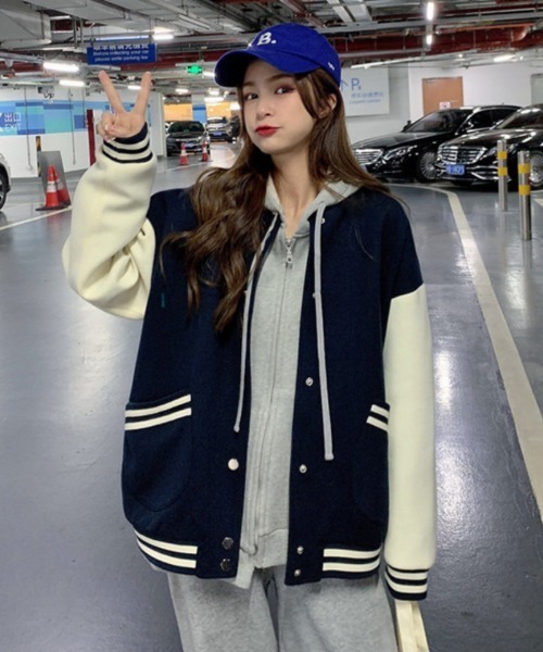 おしゃれスタ（オシャレスタ）の「ダボっと可愛いカレッジジャケット（ブルゾン・レディース・ネイビー/ピンク/ワインレッド・L/XL/XXL/M）」の2枚目の写真