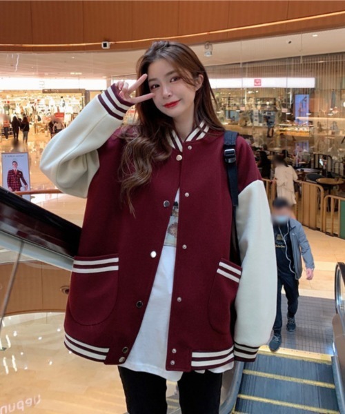 おしゃれスタ（オシャレスタ）の「ダボっと可愛いカレッジジャケット（ブルゾン・レディース・ネイビー/ピンク/ワインレッド・L/XL/XXL/M）」の3枚目の写真