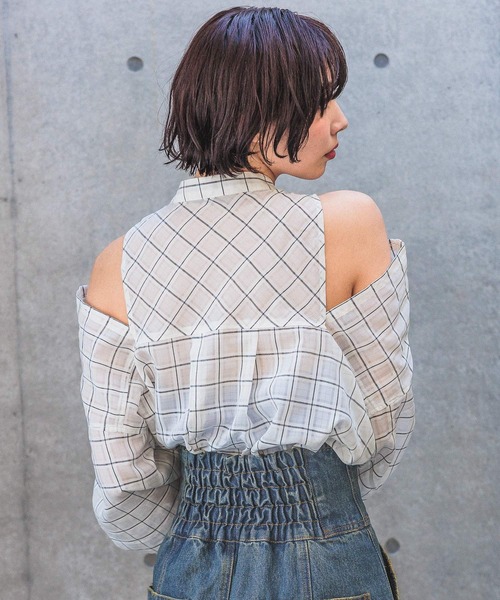 PAGEBOY（ページボーイ）の「シアーチェック2WAYシャツ（シャツ/ブラウス・レディース・ブルー/チャコールグレー/オフホワイト・FREE）」の6枚目の写真