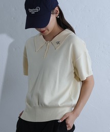 衿刺繍ニットポロ
