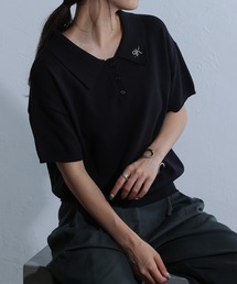 衿刺繍ニットポロ