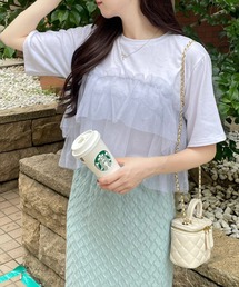 clear | クロップド丈チュールドッキング半袖Tシャツ［ショート丈 異素材 着回し抜群 カジュアル］≪再入荷≫(Tシャツ/カットソー)