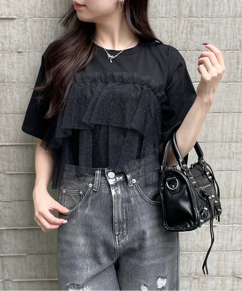 TELOPLAN ダークグレー クロップド丈 半袖シャツ セール】クロップド丈チュールドッキング半袖Tシャツ［ショート