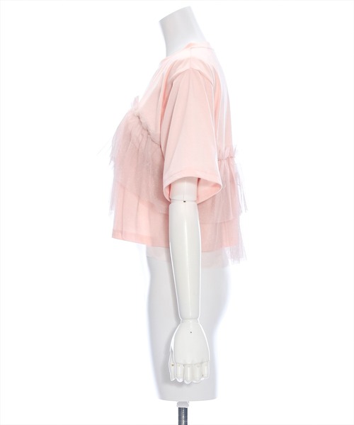 clear（クリア）の「クロップド丈チュールドッキング半袖Tシャツ［ショート丈 異素材 着回し抜群 カジュアル］≪再入荷≫（Tシャツ/カットソー・レディース・ピンク/ブラック/オフホワイト・F）」の7枚目の写真