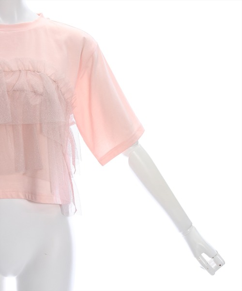 clear（クリア）の「クロップド丈チュールドッキング半袖Tシャツ［ショート丈 異素材 着回し抜群 カジュアル］≪再入荷≫（Tシャツ/カットソー・レディース・ピンク/ブラック/オフホワイト・F）」の10枚目の写真