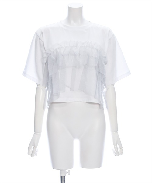 セール】クロップド丈チュールドッキング半袖Tシャツ［ショート