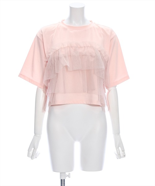 clear（クリア）の「クロップド丈チュールドッキング半袖Tシャツ［ショート丈 異素材 着回し抜群 カジュアル］≪再入荷≫（Tシャツ/カットソー・レディース・ピンク/ブラック/オフホワイト・F）」の22枚目の写真