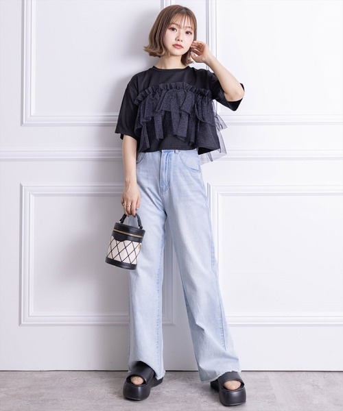 TELOPLAN ダークグレー クロップド丈 半袖シャツ セール】クロップド丈チュールドッキング半袖Tシャツ［ショート