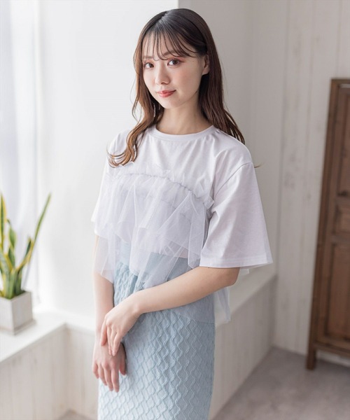 clear（クリア）の「クロップド丈チュールドッキング半袖Tシャツ［ショート丈 異素材 着回し抜群 カジュアル］≪再入荷≫（Tシャツ/カットソー・レディース・ピンク/ブラック/オフホワイト・F）」の16枚目の写真