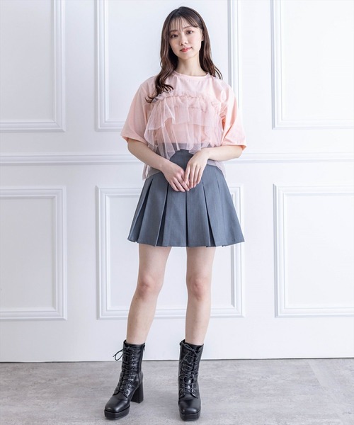 clear（クリア）の「クロップド丈チュールドッキング半袖Tシャツ［ショート丈 異素材 着回し抜群 カジュアル］≪再入荷≫（Tシャツ/カットソー・レディース・ピンク/ブラック/オフホワイト・F）」の19枚目の写真