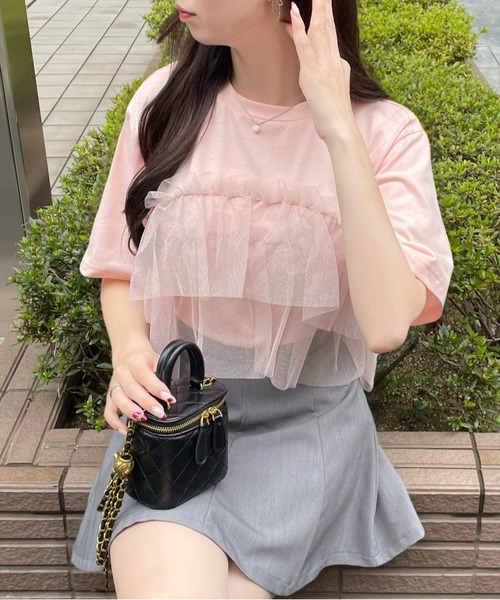 clear（クリア）の「クロップド丈チュールドッキング半袖Tシャツ［ショート丈 異素材 着回し抜群 カジュアル］≪再入荷≫（Tシャツ/カットソー・レディース・ピンク/ブラック/オフホワイト・F）」の14枚目の写真