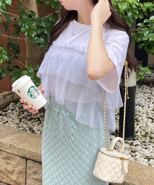 clear（クリア）の「クロップド丈チュールドッキング半袖Tシャツ［ショート丈 異素材 着回し抜群 カジュアル］≪再入荷≫（Tシャツ/カットソー・レディース・ピンク/ブラック/オフホワイト・F）」の12枚目の写真