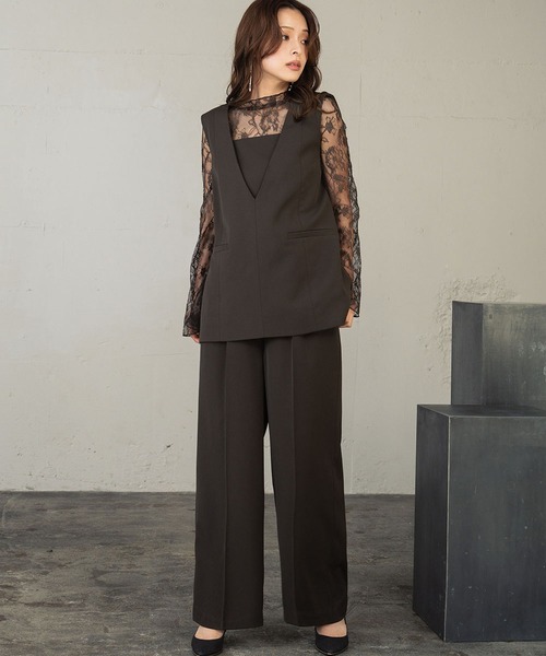 girl（ガール）の「[低身長/大きいサイズあり（～3L）]パンツドレス セパレート セットアップ 2点セット レイヤード風ドッキングトップス ワイドパンツ 結婚式 パーティードレス オケージョンドレス お呼ばれ 二次会 成人式 同窓会 謝恩会（パンツドレス・レディース・チャコールグレー/ブラウン/ブラック/ネイビー/ダークブラウン・2L/S/M/L/XS.P/3L）」の6枚目の写真