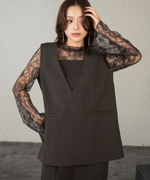 girl（ガール）の「[低身長/大きいサイズあり（～3L）]パンツドレス セパレート セットアップ 2点セット レイヤード風ドッキングトップス ワイドパンツ 結婚式 パーティードレス オケージョンドレス お呼ばれ 二次会 成人式 同窓会 謝恩会（パンツドレス・レディース・チャコールグレー/ブラウン/ブラック/ネイビー/ダークブラウン・2L/S/M/L/XS.P/3L）」の7枚目の写真