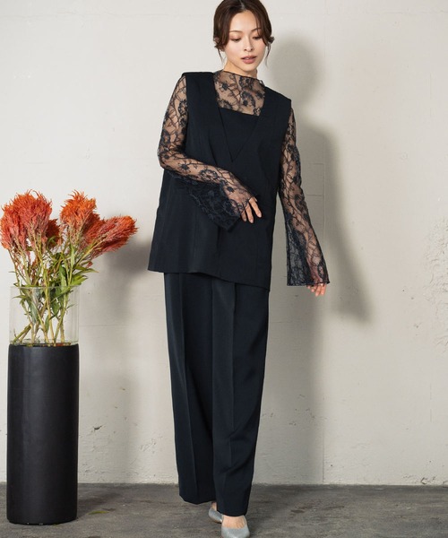 セール】チュール レイヤード トップス ワイドパンツ セットアップ