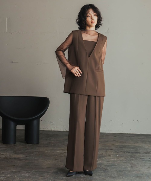 チュール レイヤード トップス ワイドパンツ セットアップ パンツ