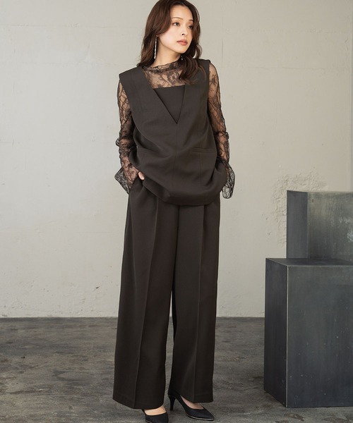 セール】チュール レイヤード トップス ワイドパンツ セットアップ