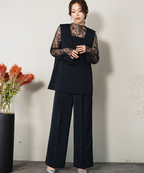 ガール　チュールレイヤードトップス・ワイドパンツ セットアップ 2点セット セール】チュール レイヤード トップス ワイドパンツ セットアップ