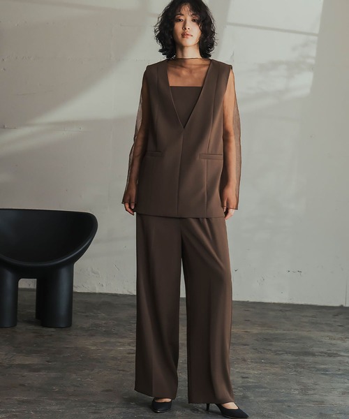 GIRL オケージョンドレス パンツドレス チュールレイヤード XL セール】チュール レイヤード トップス ワイドパンツ セットアップ