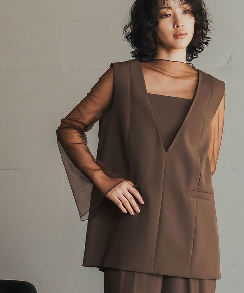 チュール レイヤード トップス ワイドパンツ セットアップ パンツ