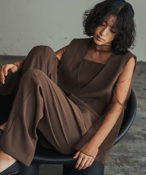 ガール　チュールレイヤードトップス・ワイドパンツ セットアップ 2点セット チュール レイヤード トップス ワイドパンツ セットアップ パンツ