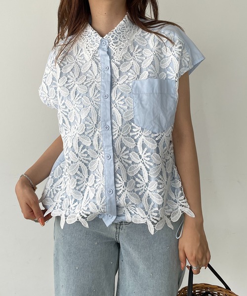 antic rag(アンティックラグ)の「レース切り替えシャツブラウス(シャツ/ブラウス・レディース・ホワイト/ブルー/ブラック・FREE)」の1枚目の写真