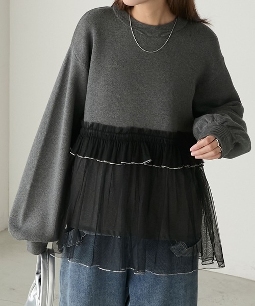 BONLECILL（ボンルシール）の「スウェットライクラメメローチュールドッキングニットプルオーバー（ニット/セーター・レディース・オフホワイト/チャコールグレー/杢グレー・FREE）」の8枚目の写真