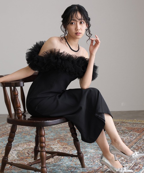 ミモレ丈&ノースリーブフォーマルギャザーチュールセレモニー結婚式パーティードレス セール】【低身長用サイズあり】ミモレ丈&ノースリーブフォーマル