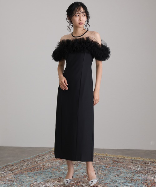 ミモレ丈&ノースリーブフォーマルギャザーチュールセレモニー結婚式パーティードレス セール】【低身長用サイズあり】ミモレ丈&ノースリーブフォーマル