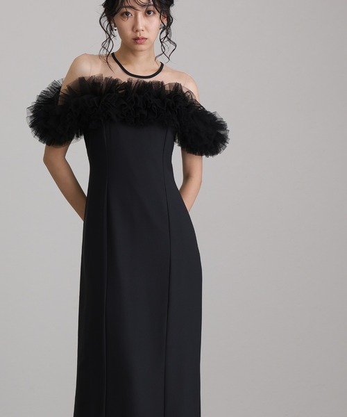 ミモレ丈&ノースリーブフォーマルギャザーチュールセレモニー結婚式パーティードレス 低身長用サイズあり】ミモレ丈&ノースリーブフォーマル同窓会ギャザー