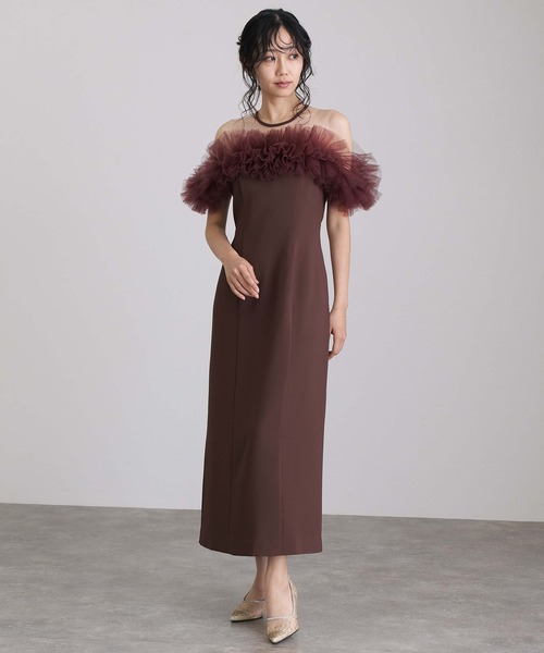 atlo ギャザーチュールオフショルダーオケージョンドレス 低身長用サイズあり】ミモレ丈&ノースリーブフォーマル同窓会ギャザー