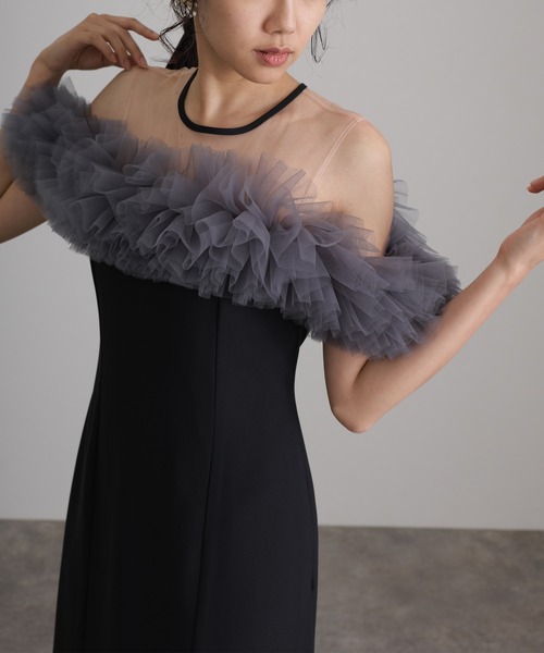 ミモレ丈ノースリーブフォーマルギャザーチュール結婚式パーティードレスオケージョン 低身長用サイズあり】ミモレ丈&ノースリーブフォーマル同窓会ギャザー